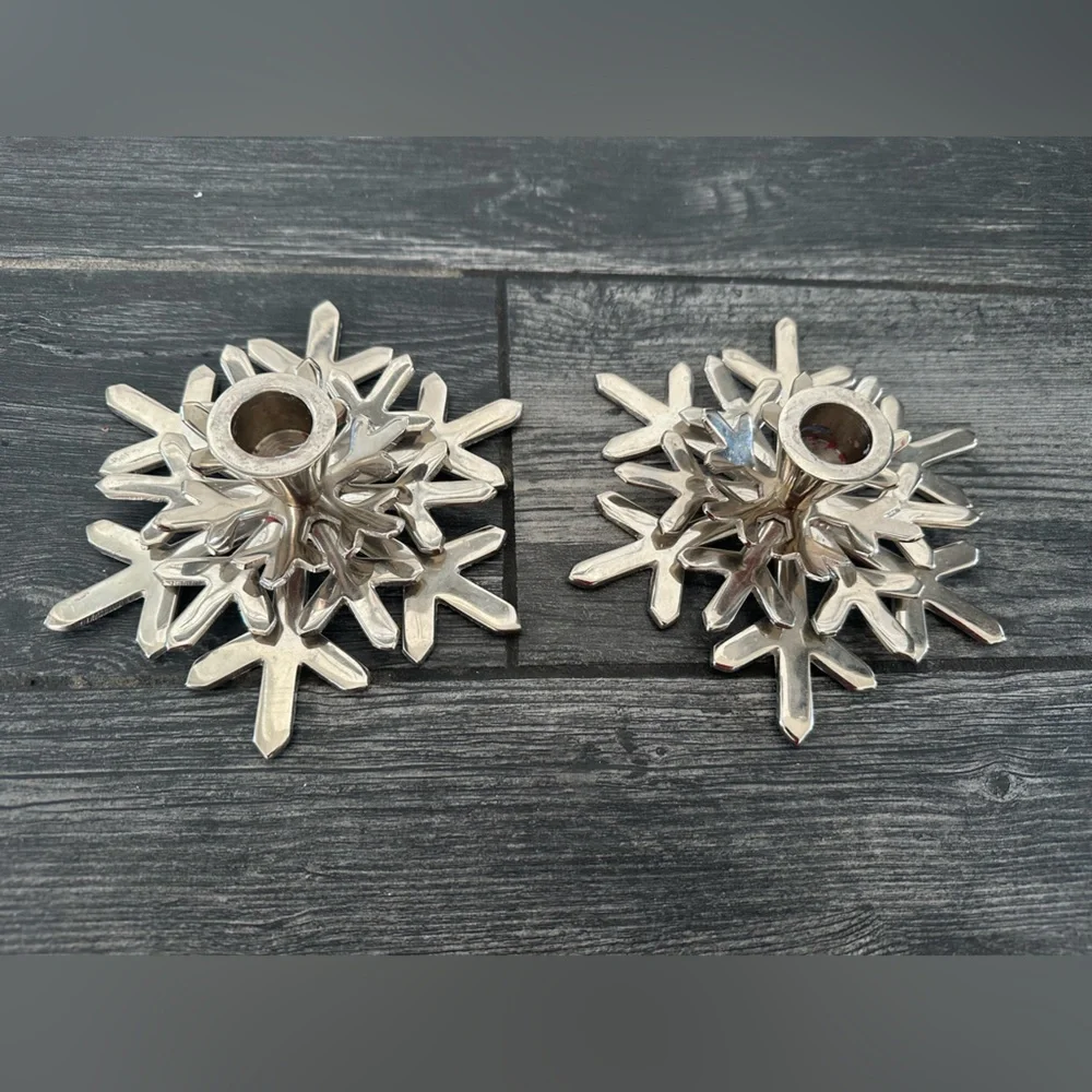 Crate & Barrel Pair of Shiny Snowflake Taper Holders